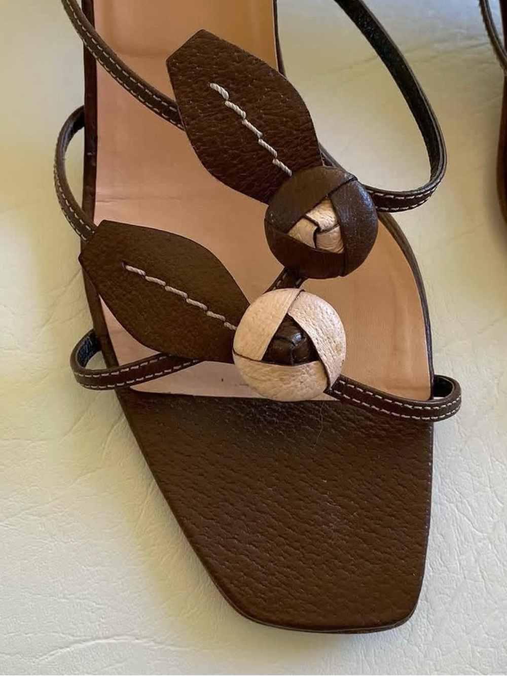 Prada Brown Leather Knot-Detail Heeled Sandals - Picture 3 of 5